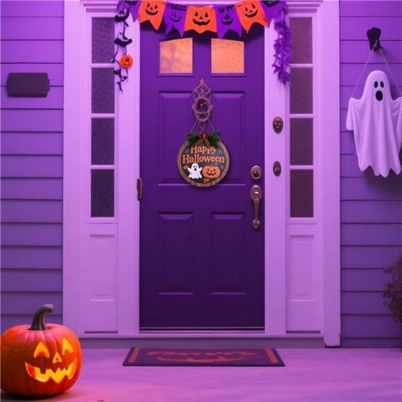 Happy Halloween Sign for Front Door,Round Wood Hanging Wreaths Sign - Picture 3 of 7